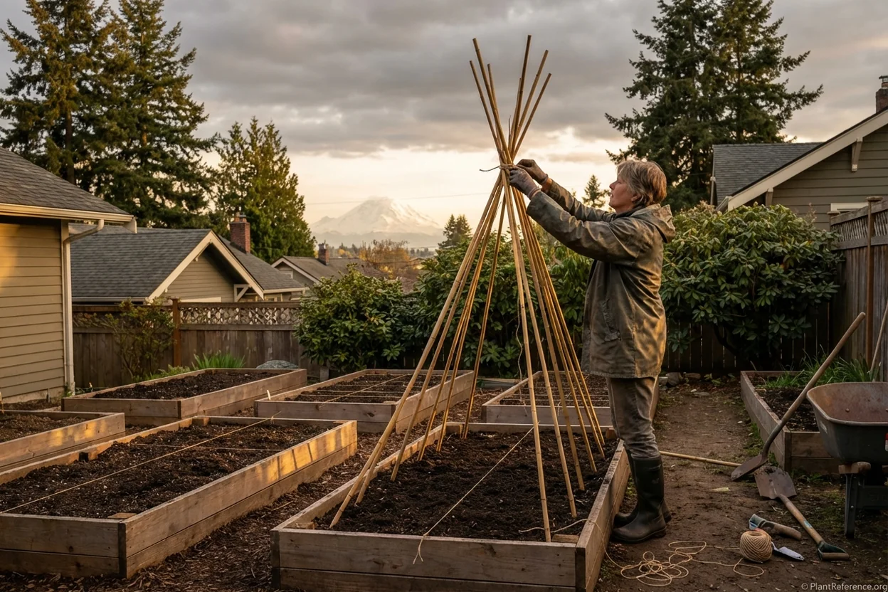 Installing bamboo pole trellis for Kentucky Wonder beans in Seattle Zone 8b garden
