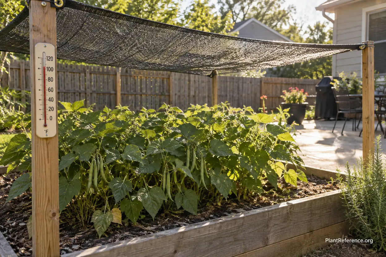 Shade cloth protecting green bean plants during Kansas City summer heat wave