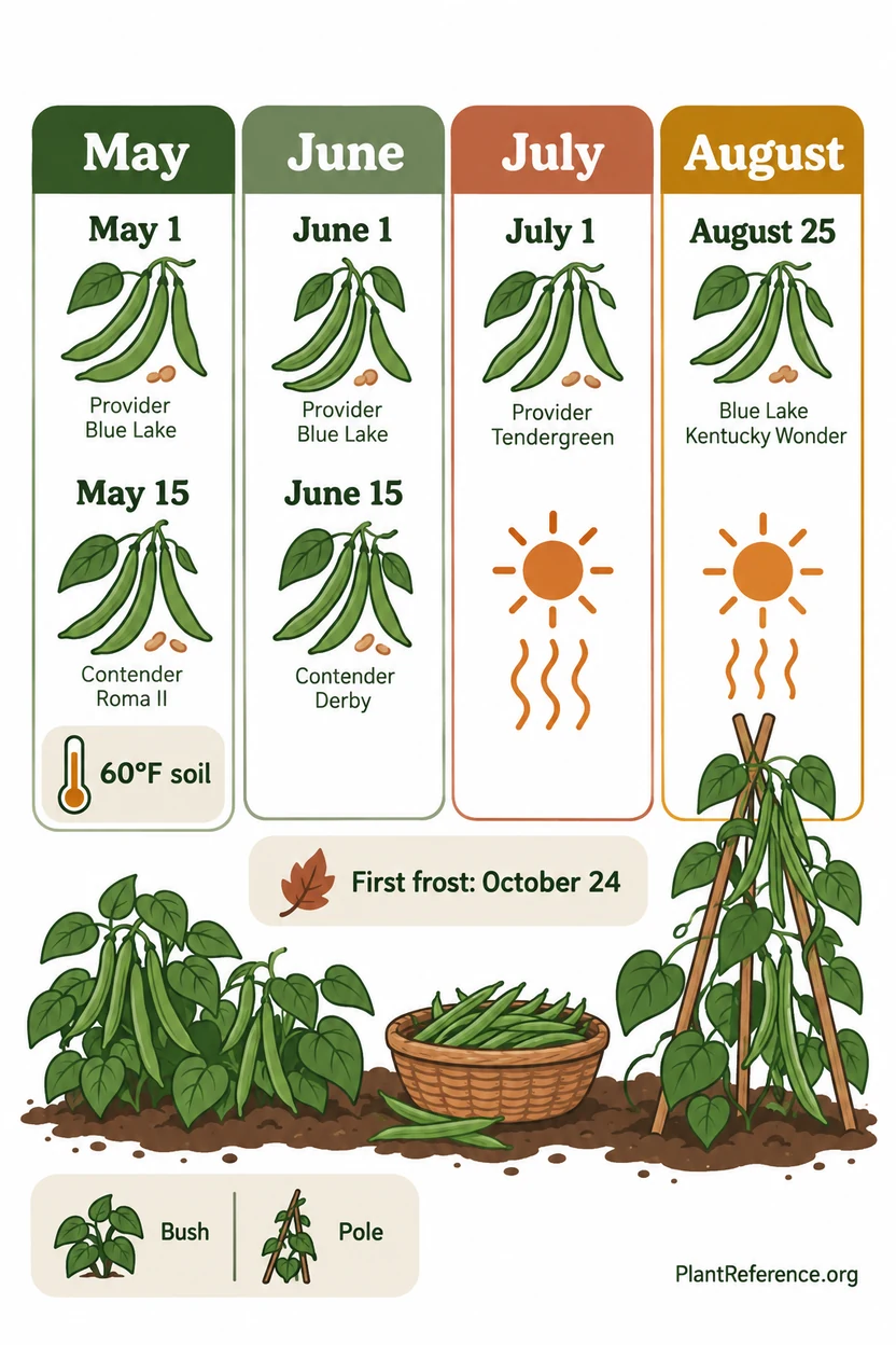 Kansas City Zone 6a green bean planting calendar showing succession planting dates