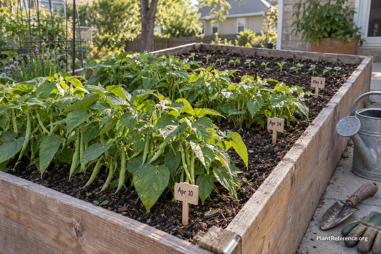 Multiple green bean plantings at different growth stages for continuous harvest in Kansas City