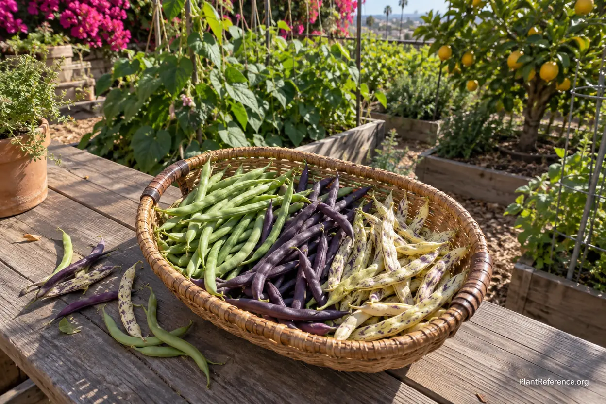 Fresh green bean harvest from Los Angeles Zone 10b garden showing multiple varieties and seasons