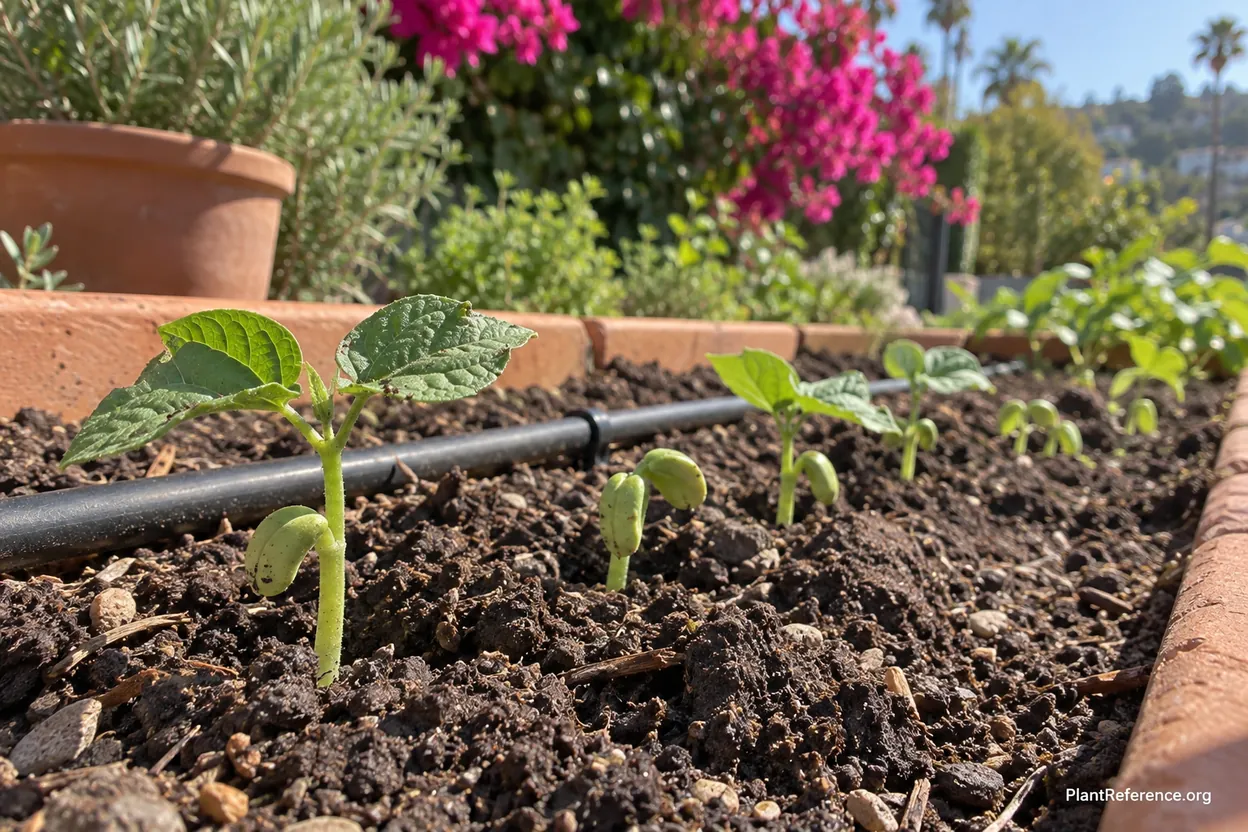 Green bean seedlings emerging in raised bed in Los Angeles Zone 10b California garden