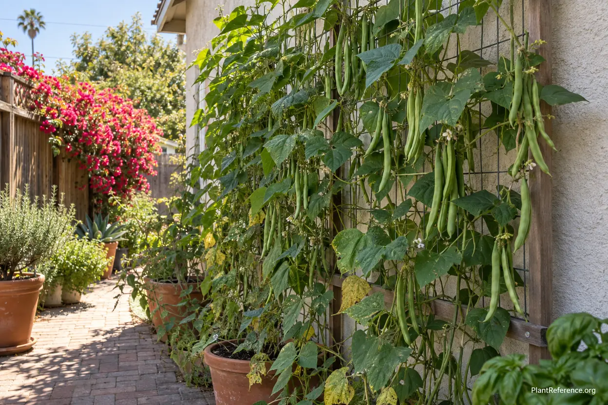 Kentucky Wonder pole beans on vertical trellis in small Los Angeles Zone 10b urban garden
