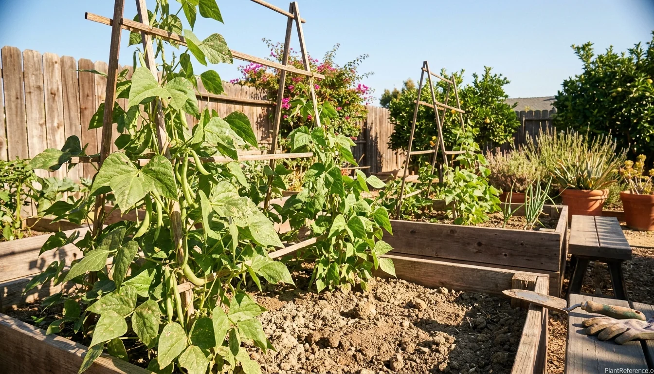Green bean plants with pods growing in raised beds in a Los Angeles Zone 10b California garden