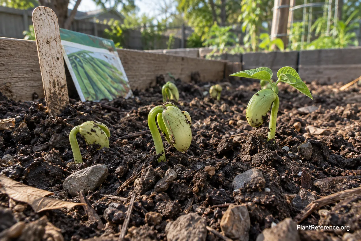 Green bean seedlings pushing through rich alluvial soil in Memphis Zone 7b raised bed