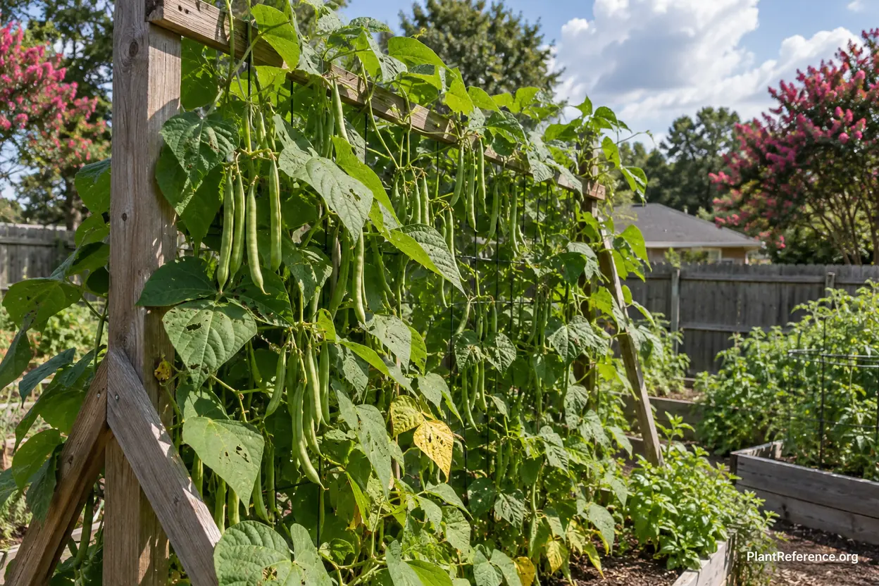 Kentucky Wonder pole beans growing on sturdy trellis in Memphis Tennessee Zone 7b garden