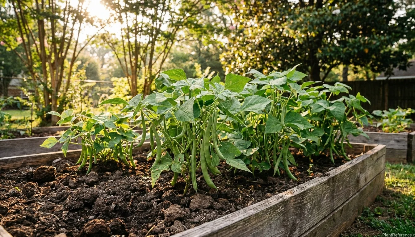 Green bean plants with pods growing in raised beds in a Memphis Zone 7b Tennessee garden