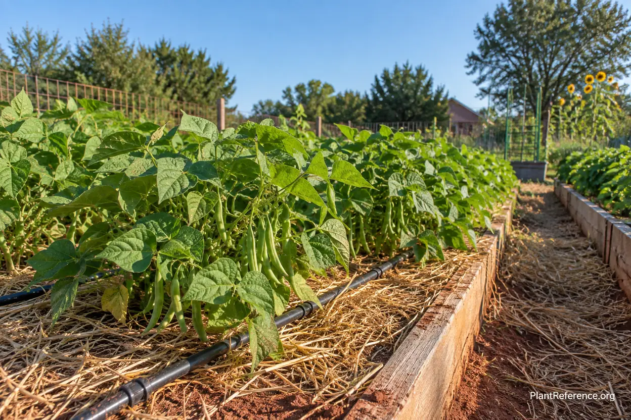 Green bean plants with drip irrigation lines and straw mulch in Oklahoma City raised beds
