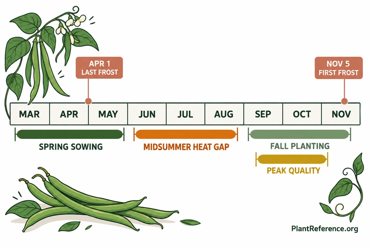 Oklahoma City green bean planting calendar showing April through October production for Zone 7a