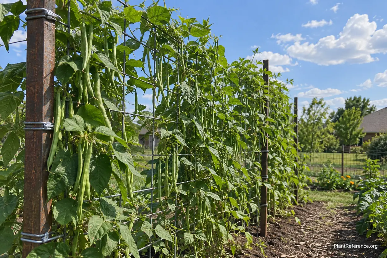 Kentucky Wonder pole beans on wind-resistant trellis in Oklahoma City Zone 7a garden