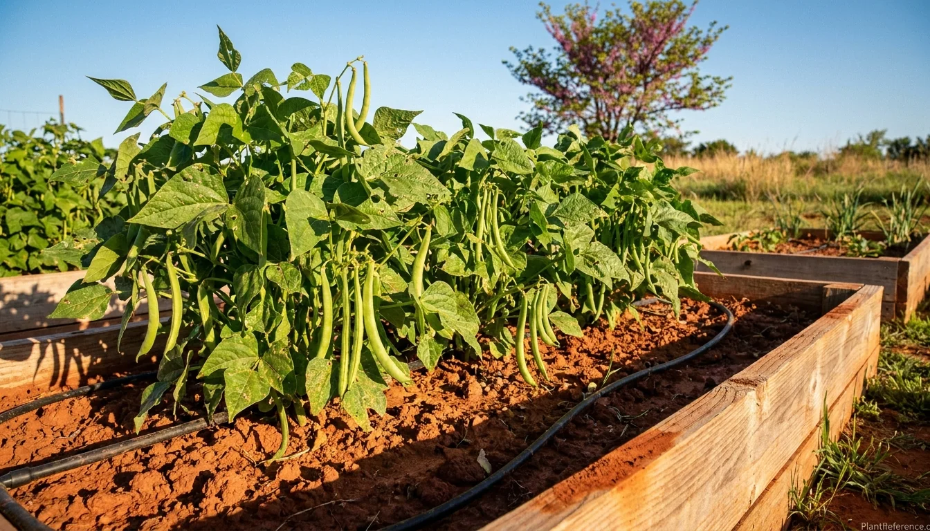 Green bean plants with pods growing in raised beds in an Oklahoma City Zone 7a garden