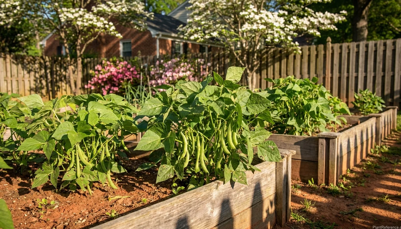 Green bean plants with hanging pods in raised beds in a Richmond Zone 7b Virginia garden