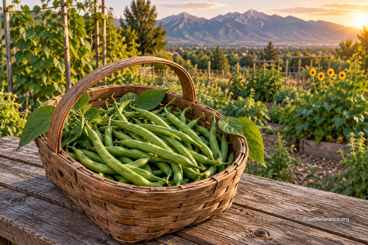 Fresh green bean harvest from Salt Lake City Zone 7a garden with Wasatch Mountains backdrop