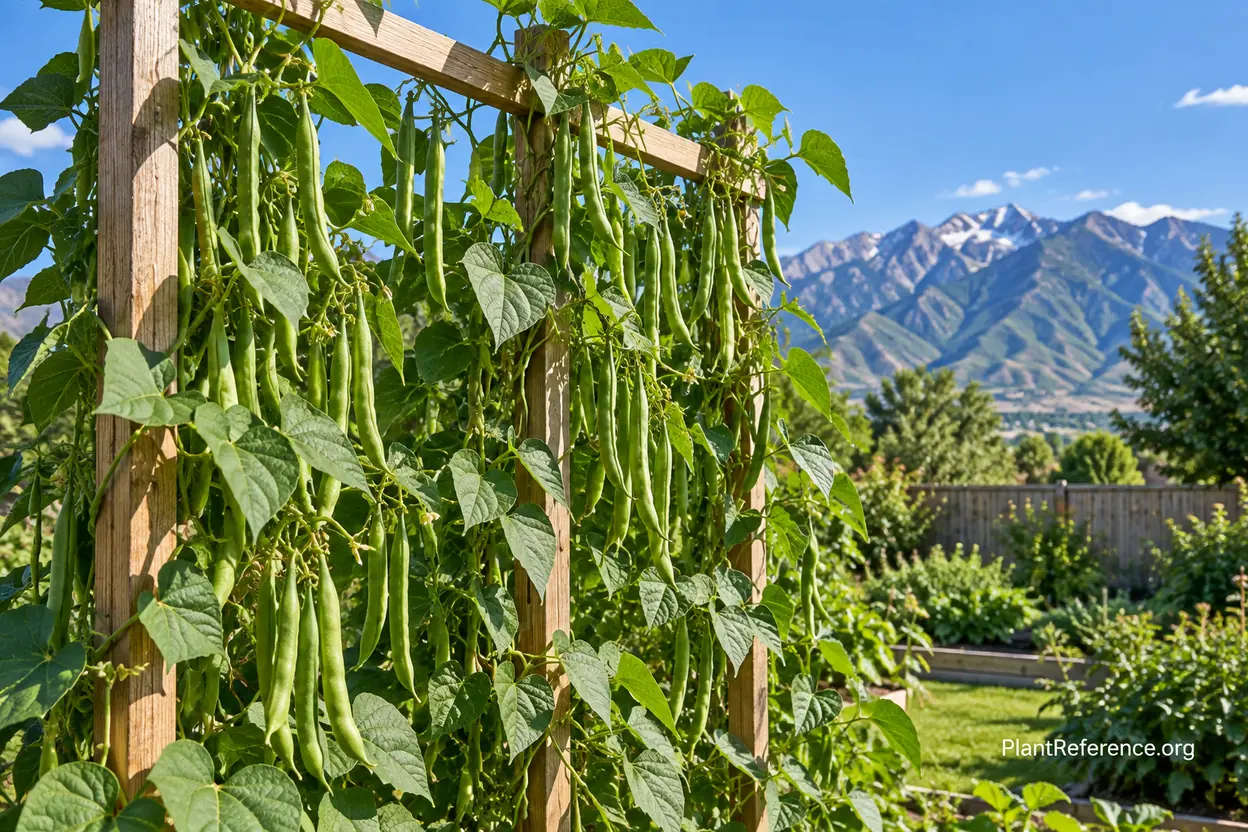 Kentucky Wonder pole beans on trellis in Salt Lake City Zone 7a garden with Wasatch Mountains