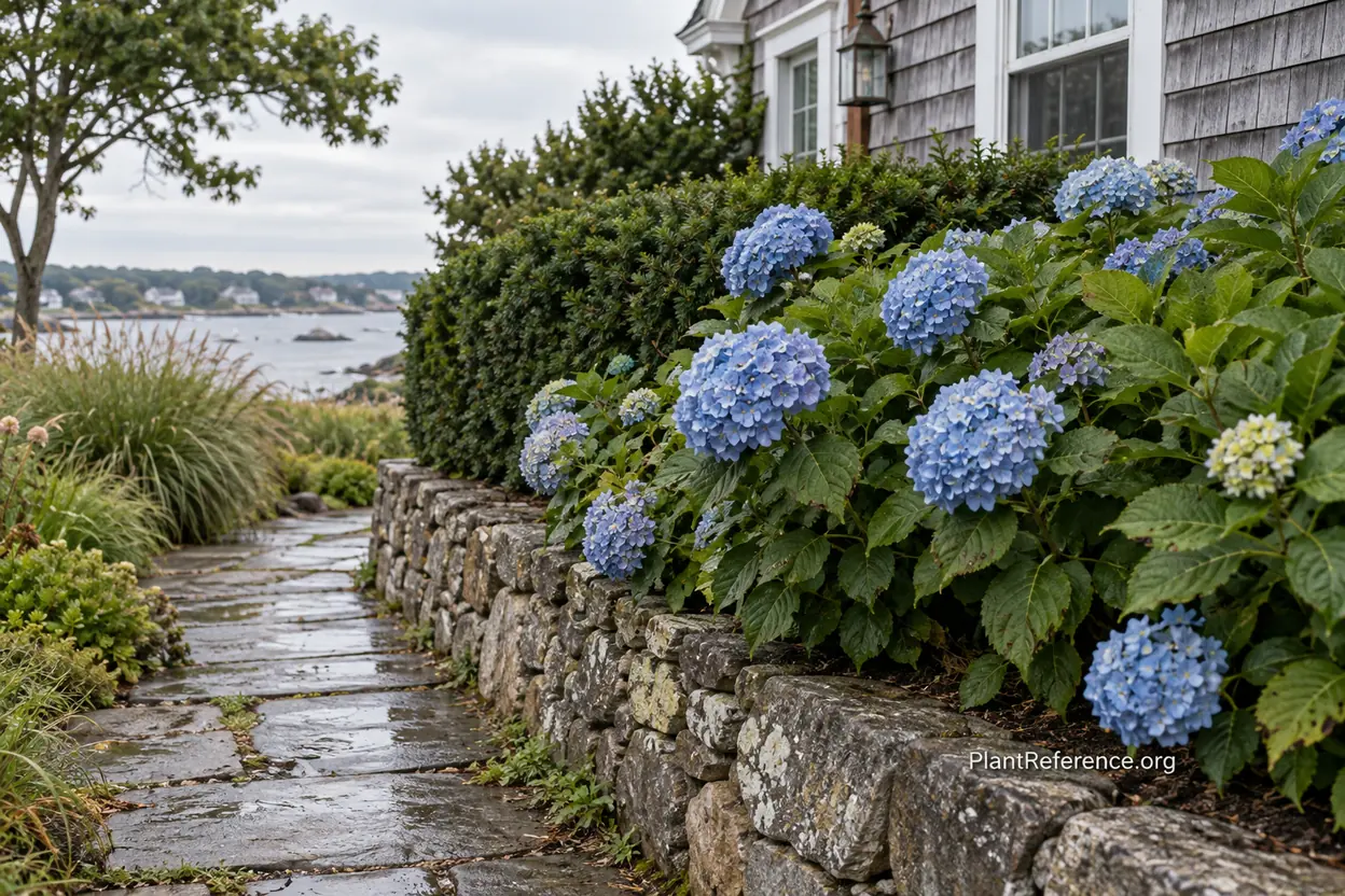 Blue bigleaf hydrangeas blooming in a protected Boston coastal garden