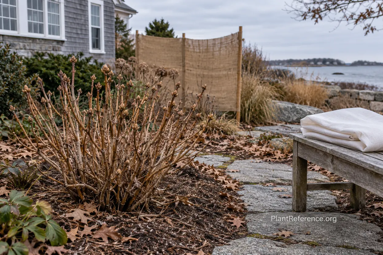 Burlap screen and frost cloth protecting bigleaf hydrangea buds