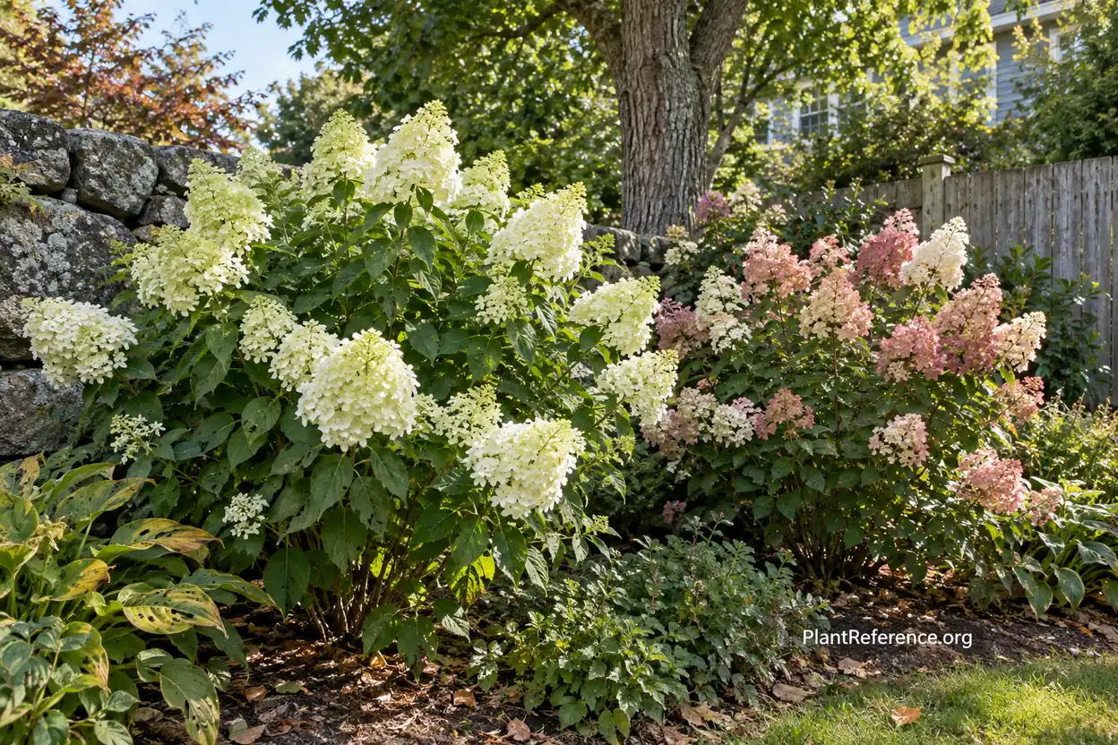 Hardy panicle hydrangeas flowering in an exposed Zone 6b garden