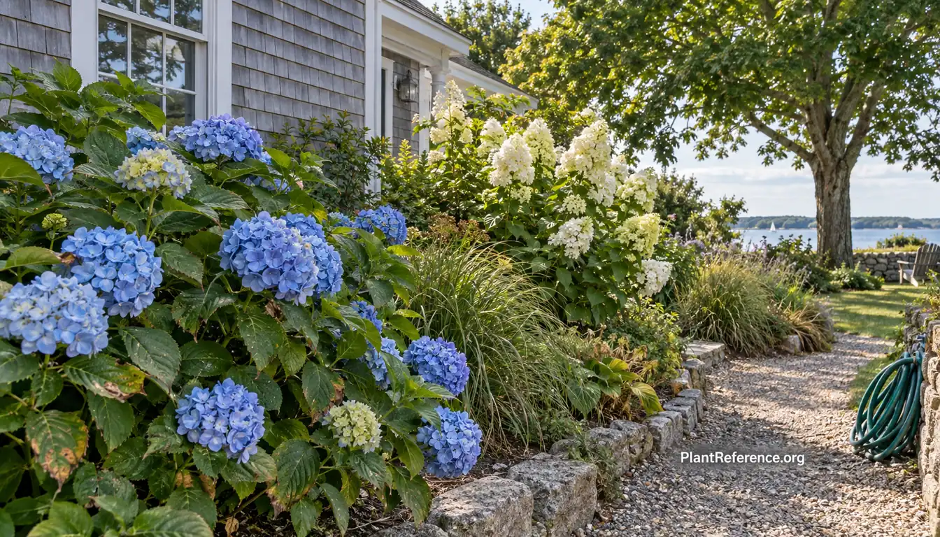 Hydrangeas growing in a Boston Zone 6b garden near the coast