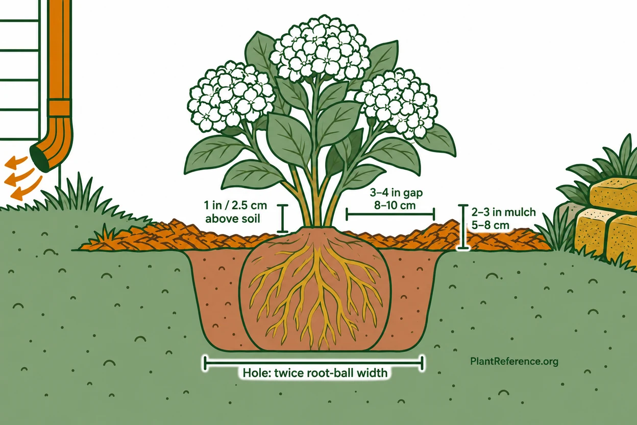 Correct hydrangea planting depth and drainage beside a stone wall