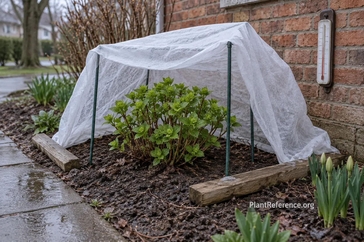 Breathable frost cloth protecting hydrangea buds during a Chicago freeze