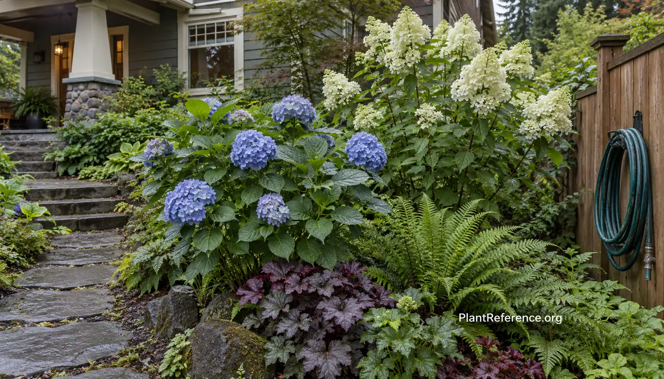 Hydrangeas blooming in a Portland Zone 8b garden with layered shade planting
