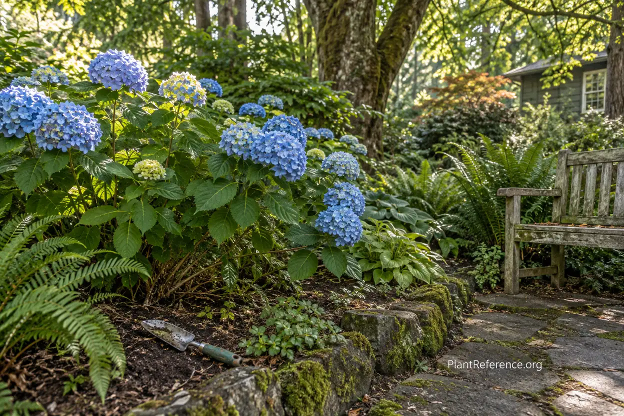 Hydrangeas growing with morning light and filtered afternoon shade in Portland