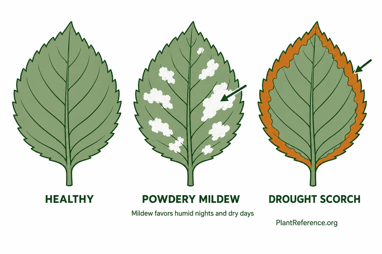 Powdery mildew and drought scorch compared on Portland hydrangea leaves