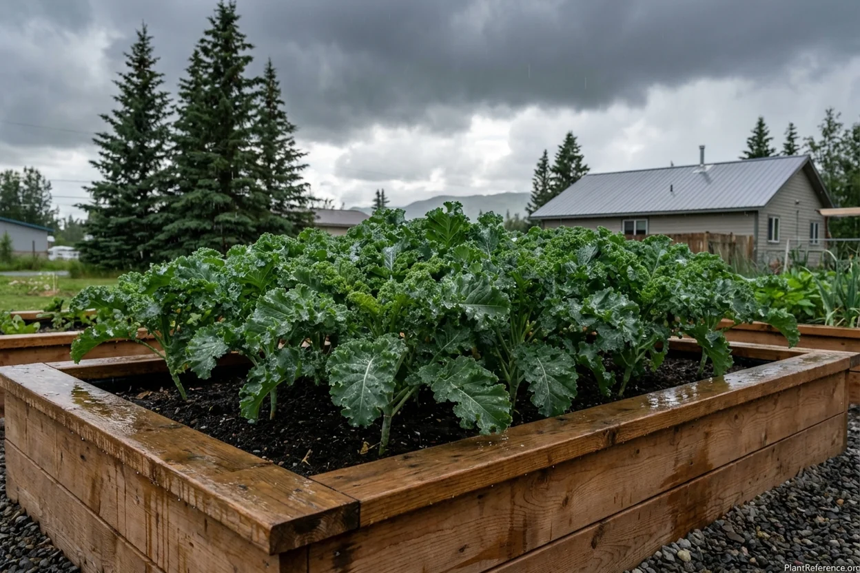 Raised bed kale growing with good drainage during Alaska summer rain