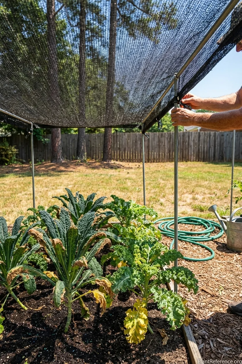 Kale plants with heat stress and shade cloth protection in Atlanta Zone 8a summer garden