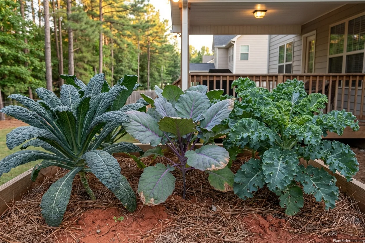 Kale varieties comparison showing Lacinato, Red Russian, and Winterbor growing in Atlanta Zone 8a
