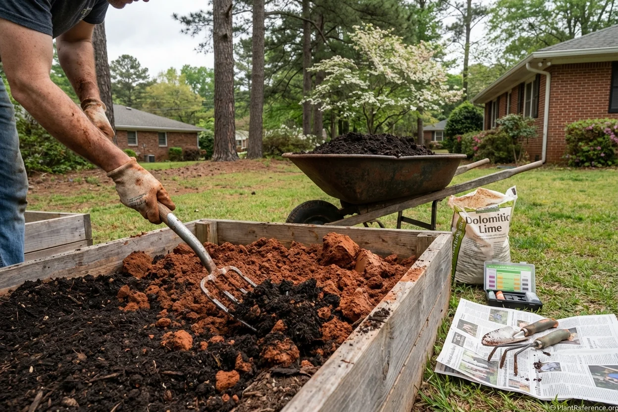 Amending Atlanta red clay soil with compost for kale planting in Zone 8a