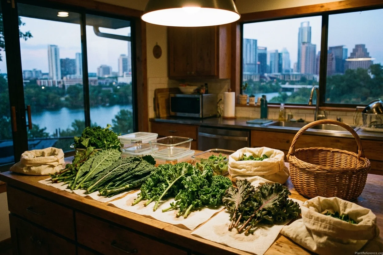 Freshly harvested Austin kale varieties prepared for storage showing proper post-harvest techniques for Zone 8b
