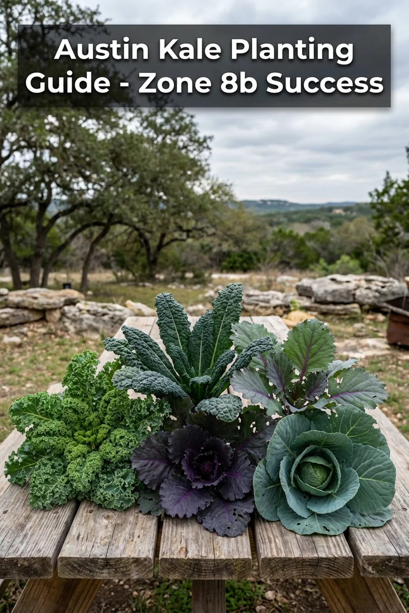 Austin Texas kale planting guide showing best varieties and dates for Zone 8b climate