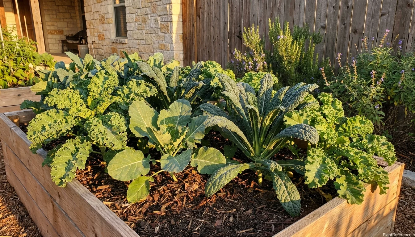 Healthy kale plants growing in Austin Texas garden during optimal fall growing season for Zone 8b climate