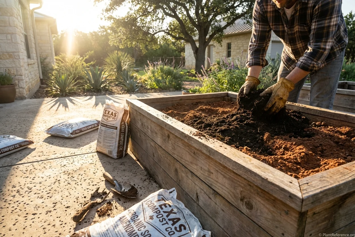Austin gardener amending clay soil with compost for optimal kale growing in Zone 8b Texas climate