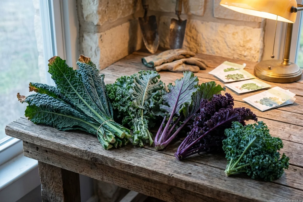 Five different kale varieties showing leaf structure and color differences ideal for Austin Zone 8b growing