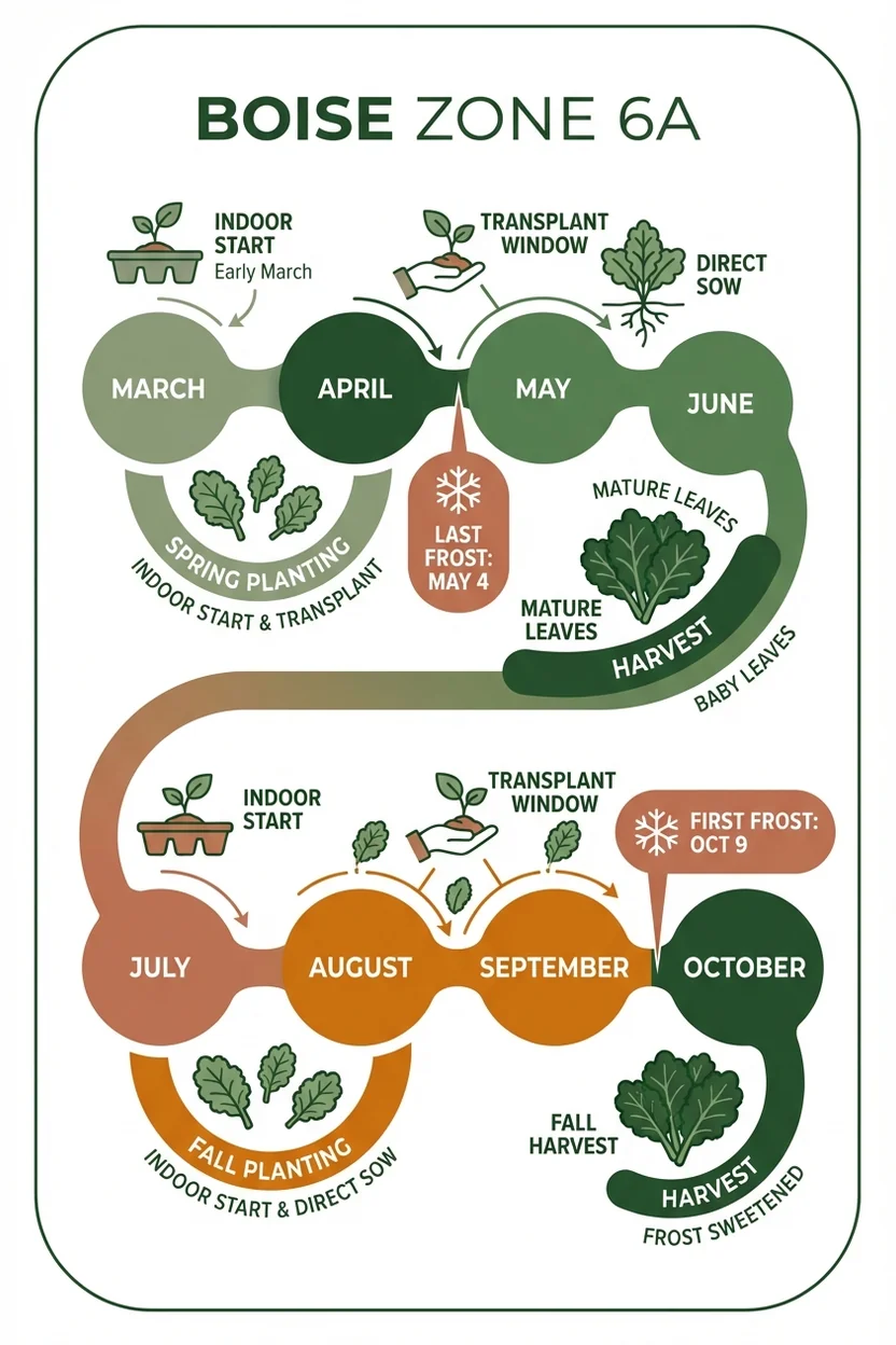 Boise kale planting calendar showing Zone 6a spring and fall planting dates with frost markers
