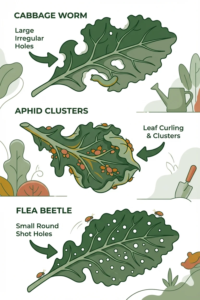 Common kale pests in Boise Idaho - cabbage worm holes, aphid damage, flea beetle shot holes identification