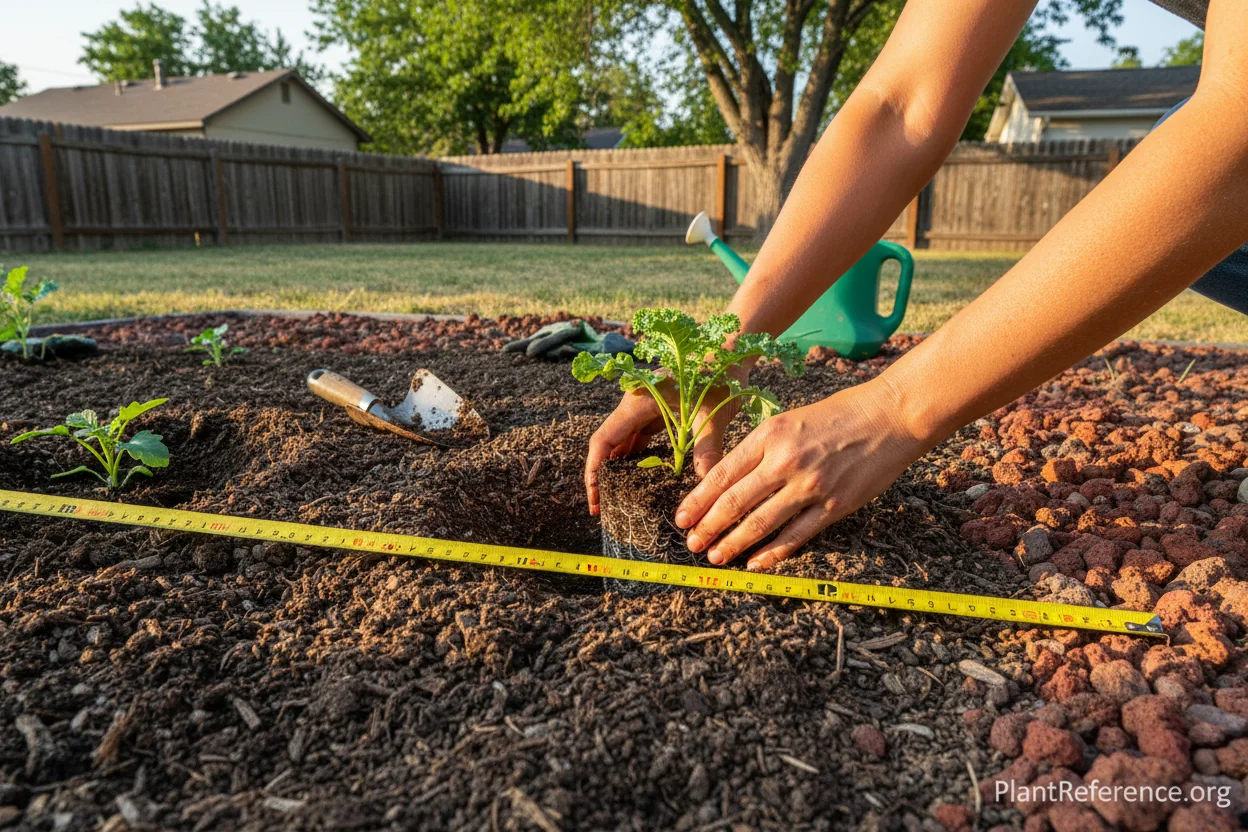 Planting kale transplants in Boise Zone 6a garden with proper 12-inch spacing technique