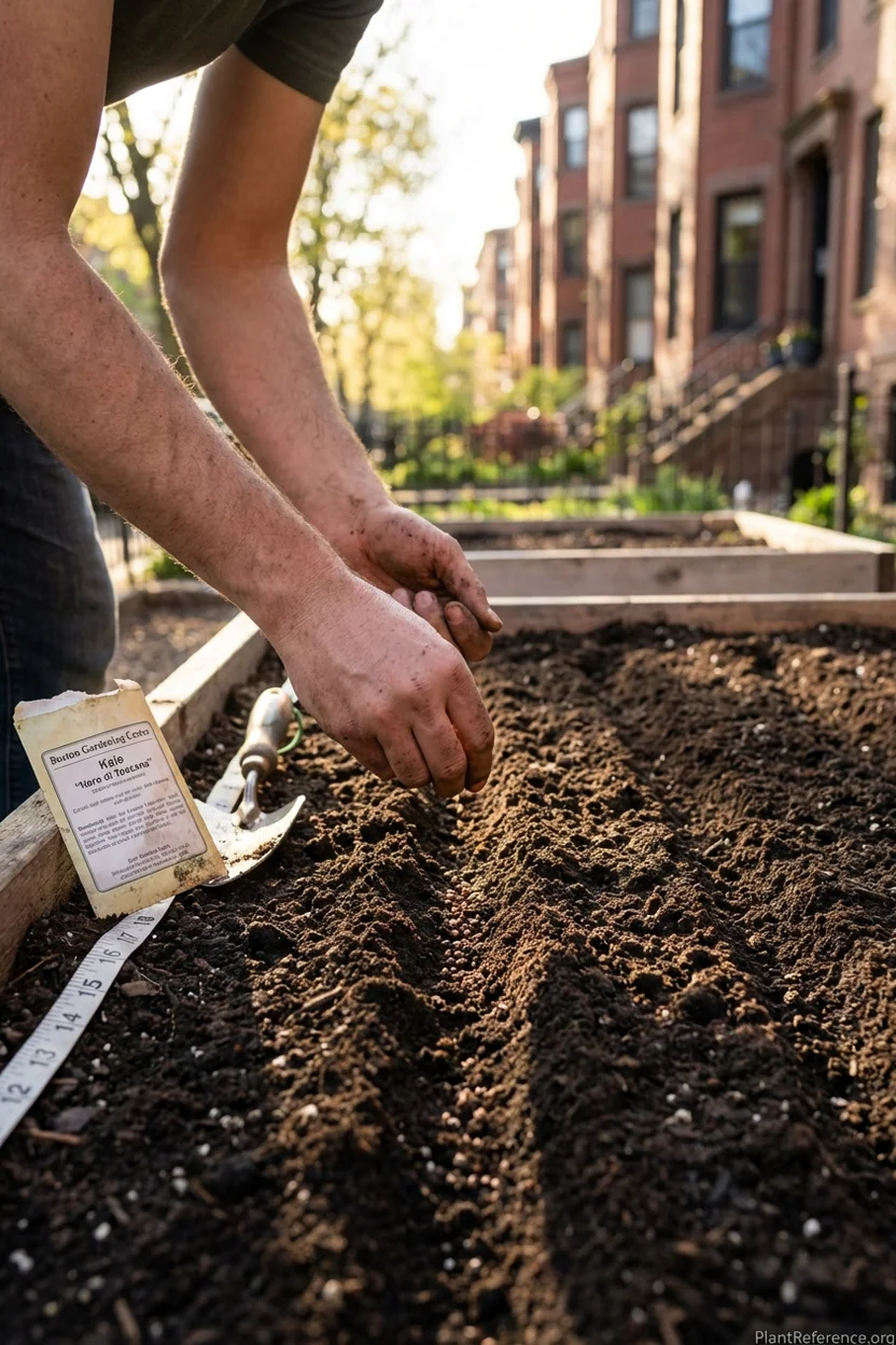 Hand sowing kale seeds in Boston garden bed with proper spacing technique
