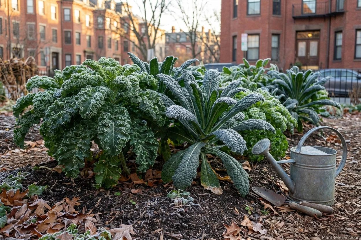 Frost-sweetened kale plants ready for harvest in Boston Zone 6b garden