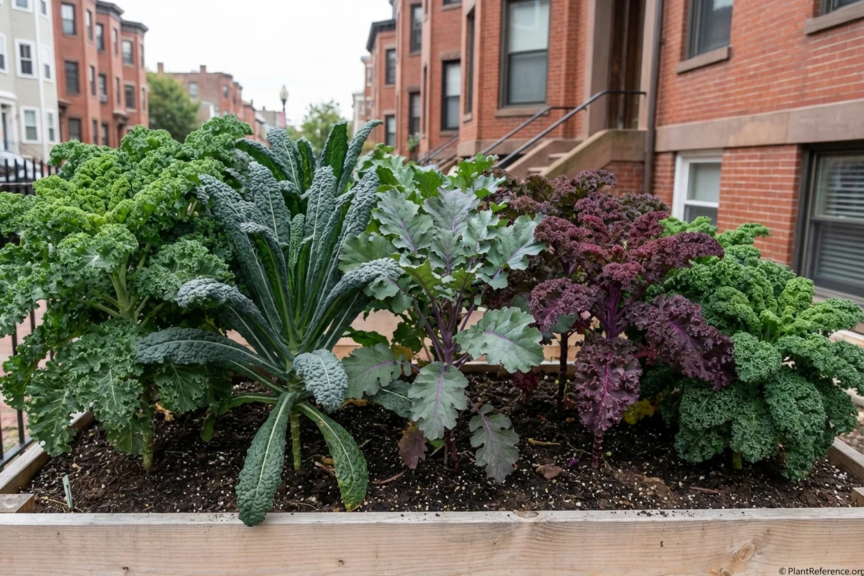 Five different kale varieties showing leaf texture differences in Boston Zone 6b garden