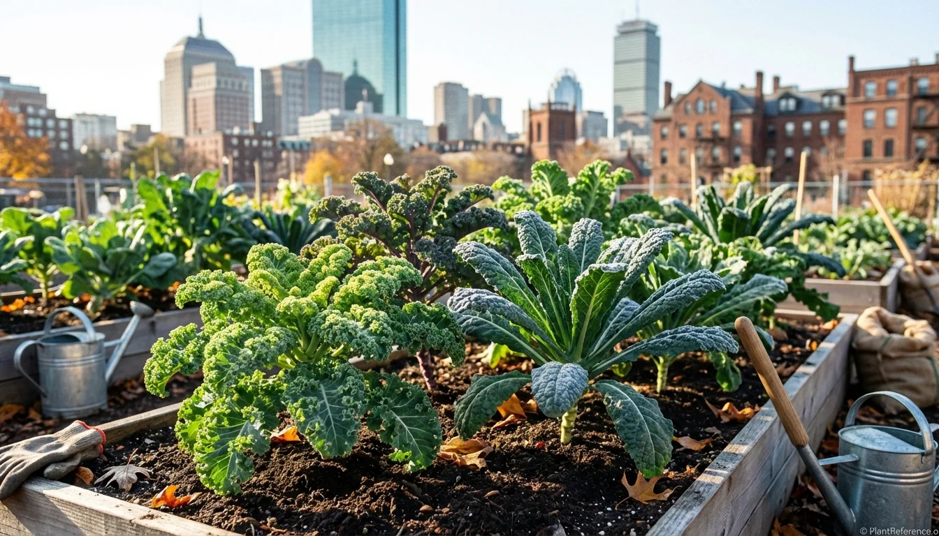 Kale plants growing in Boston Zone 6b garden with urban skyline