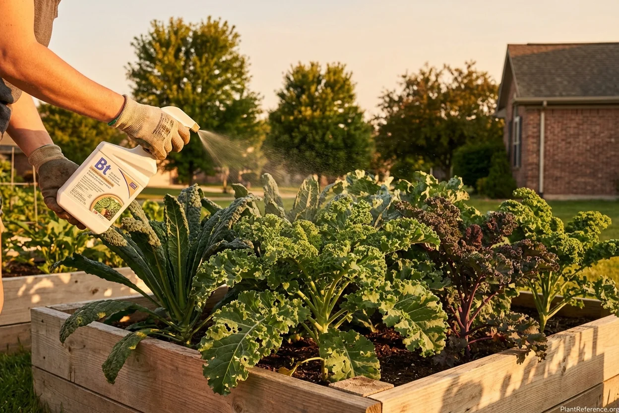 Applying Bt spray to kale plants in Charlotte garden for organic cabbage worm pest control