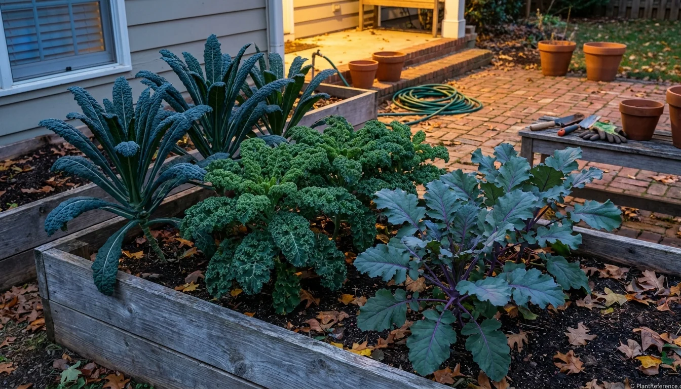 Mature kale plants growing in Charlotte North Carolina garden beds during optimal fall harvest season