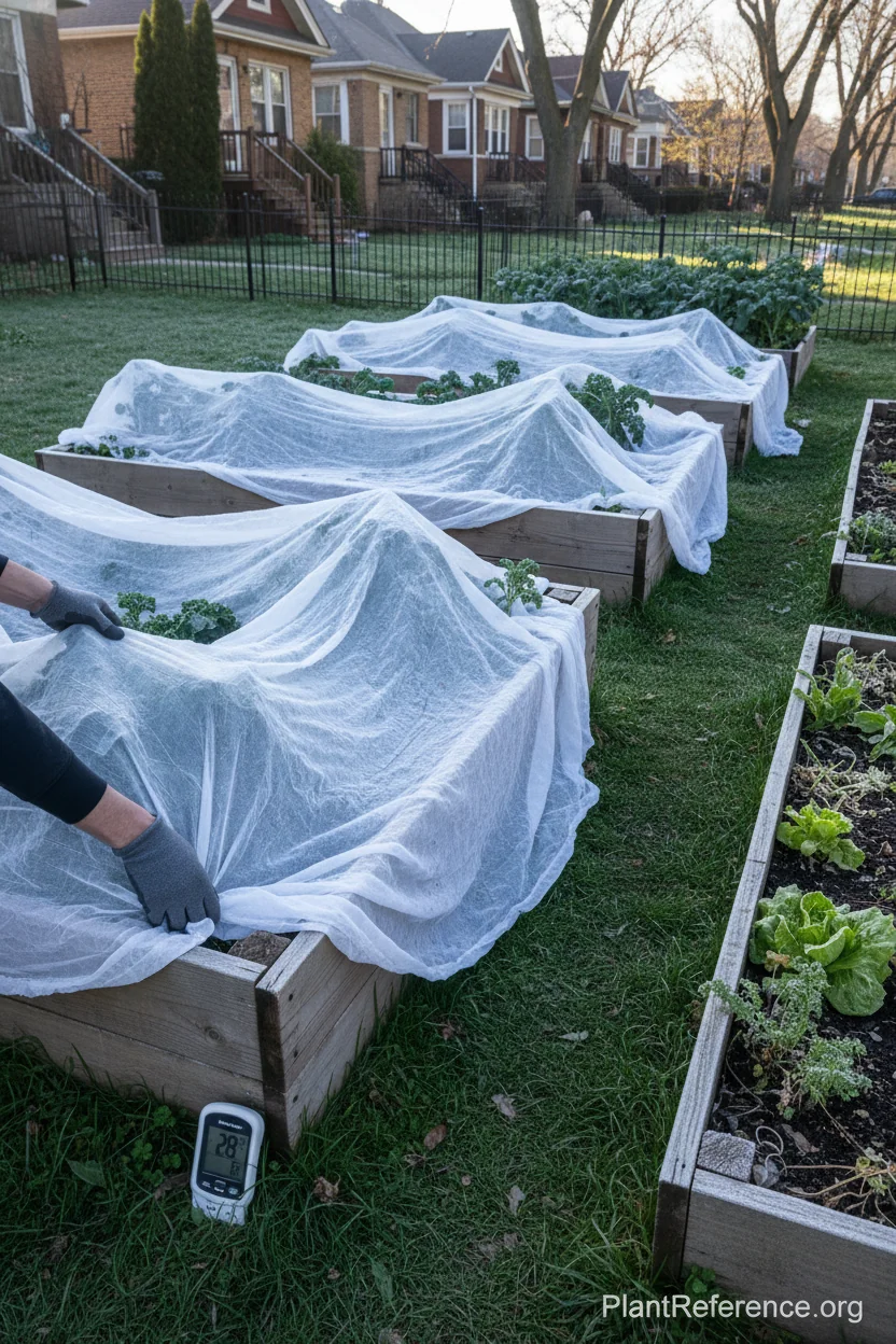 Row covers protecting kale plants from late spring frost in Chicago garden