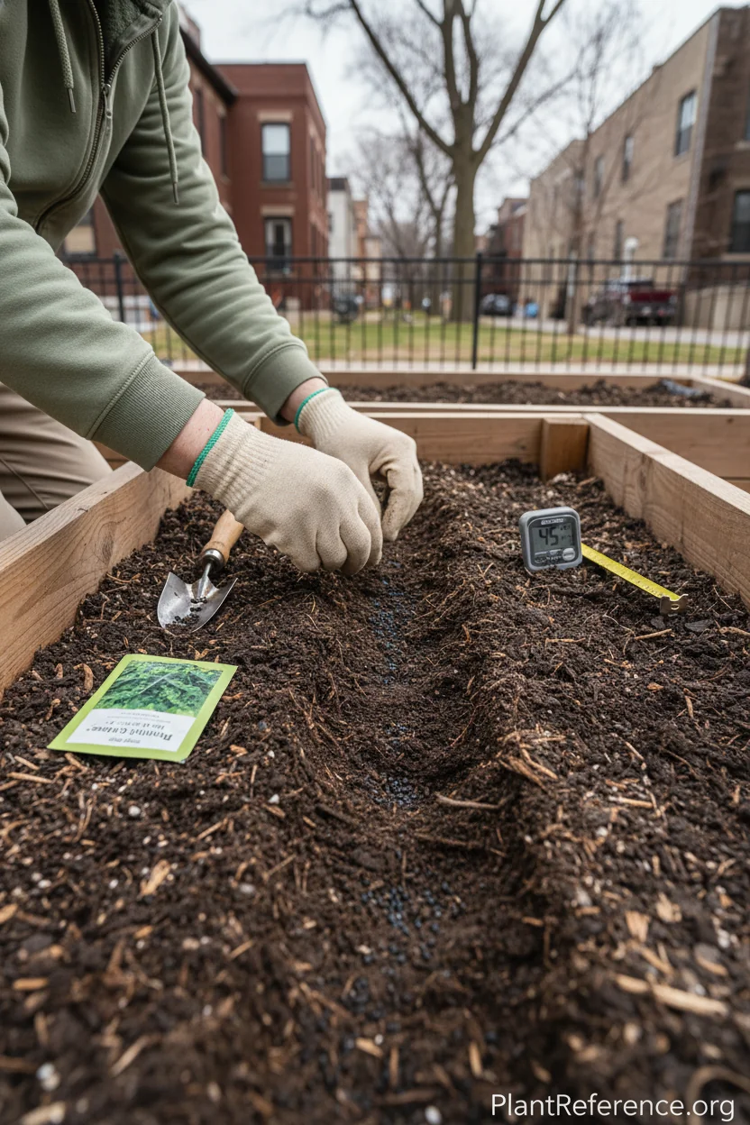 Gardener direct sowing kale seeds in Chicago garden during optimal March planting window