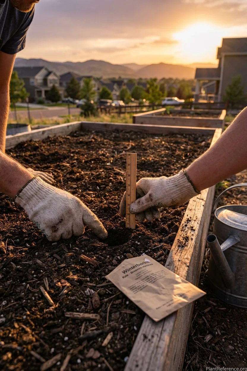 Person planting kale seeds in Denver garden bed during optimal July planting window for fall harvest