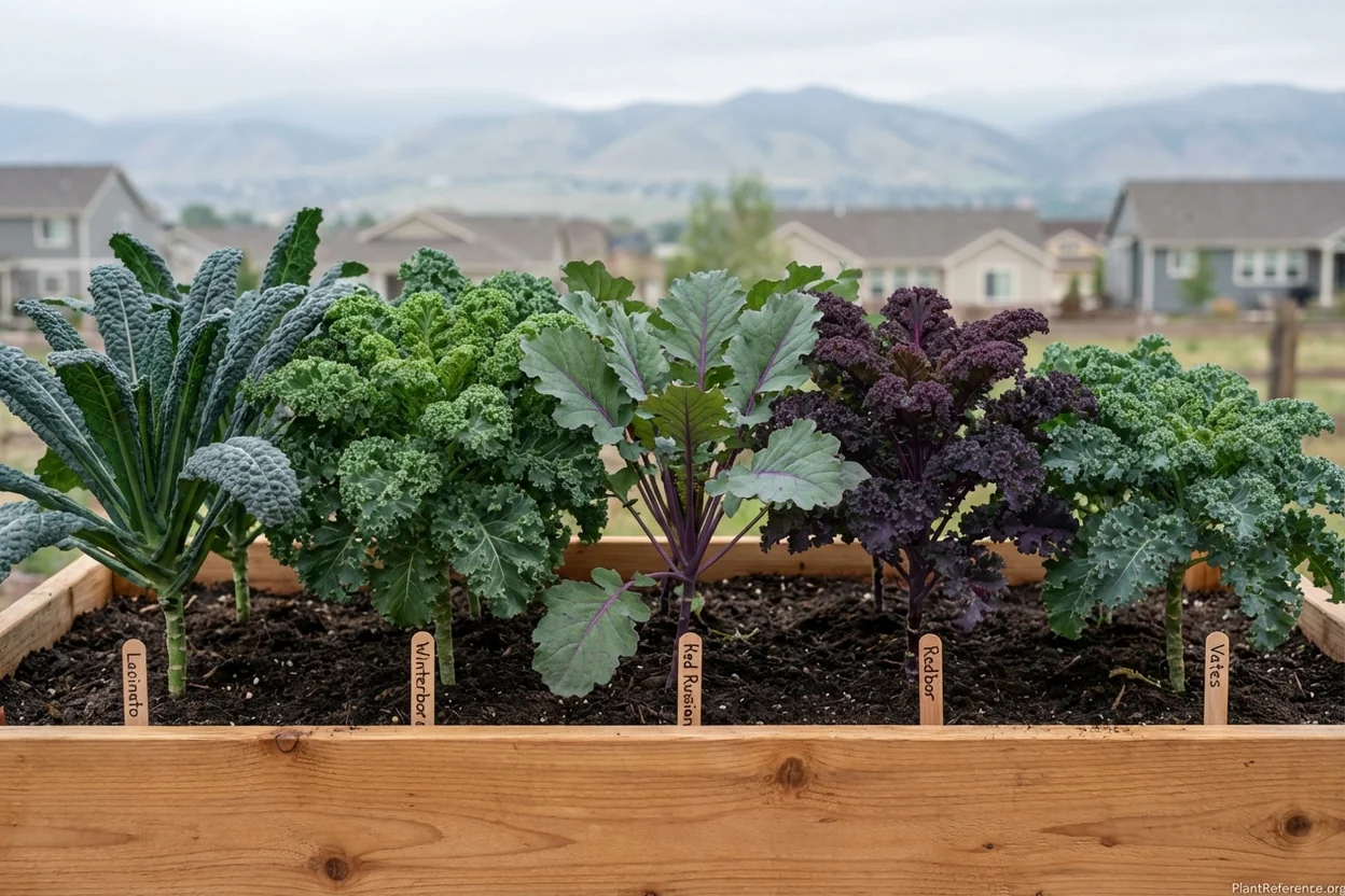 Five different kale varieties growing in Denver Zone 5a garden showing Lacinato, Winterbor, Red Russian, Redbor, and Vates