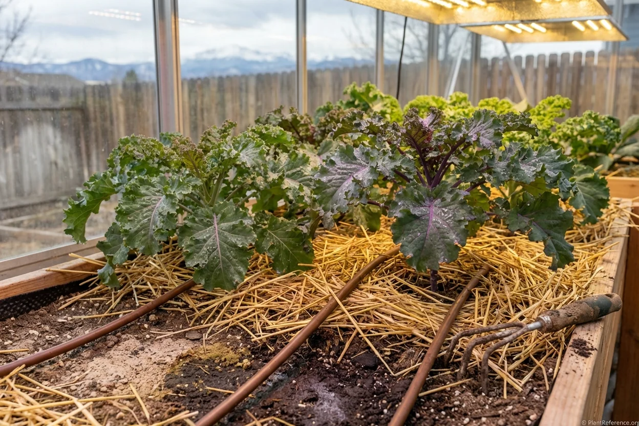 Properly mulched kale plants with drip irrigation showing water conservation techniques for Denver's dry climate